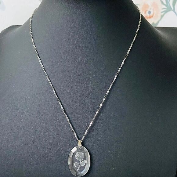 Vintage Gorham Crystal Rose Intaglio Pendant Necklace - Picture 2 of 2
